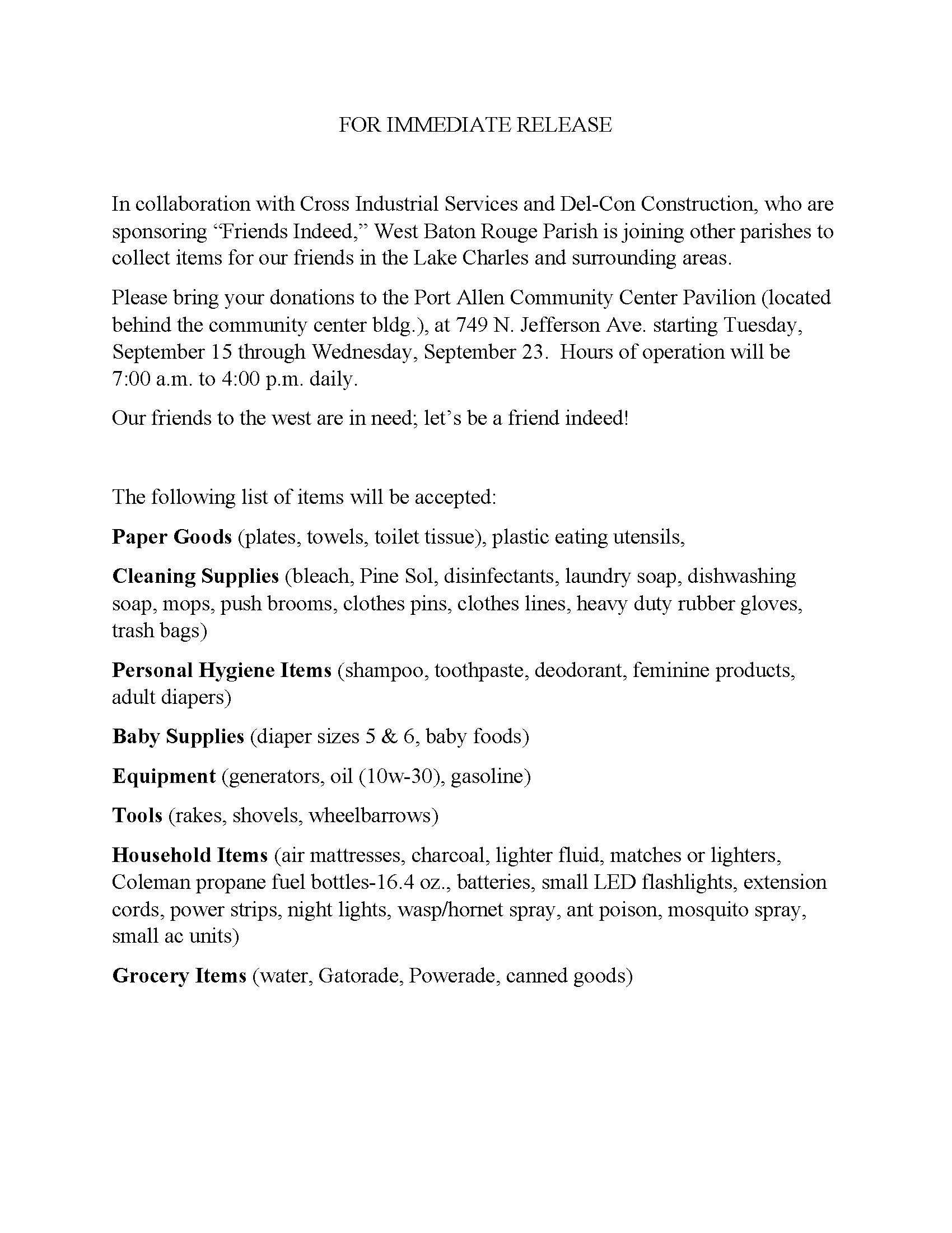 Press Release - Friends Indeed